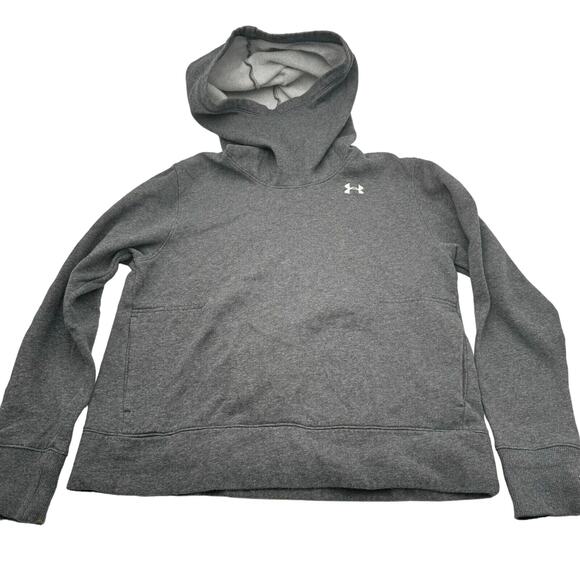 Under Armour Medium Gray Loose‎ Pullover Sweatshirt Hood Face Guard Pocket Logo - Picture 2 of 8